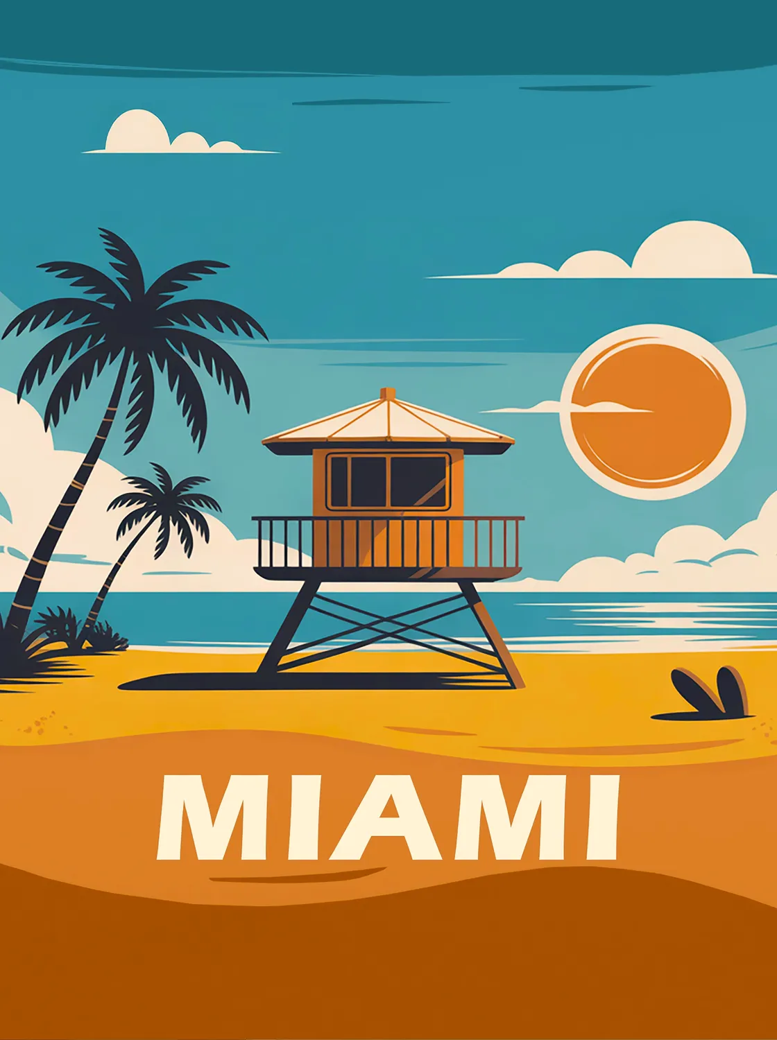 Tableau Miami Beach - Illustration | en Métal Format A3