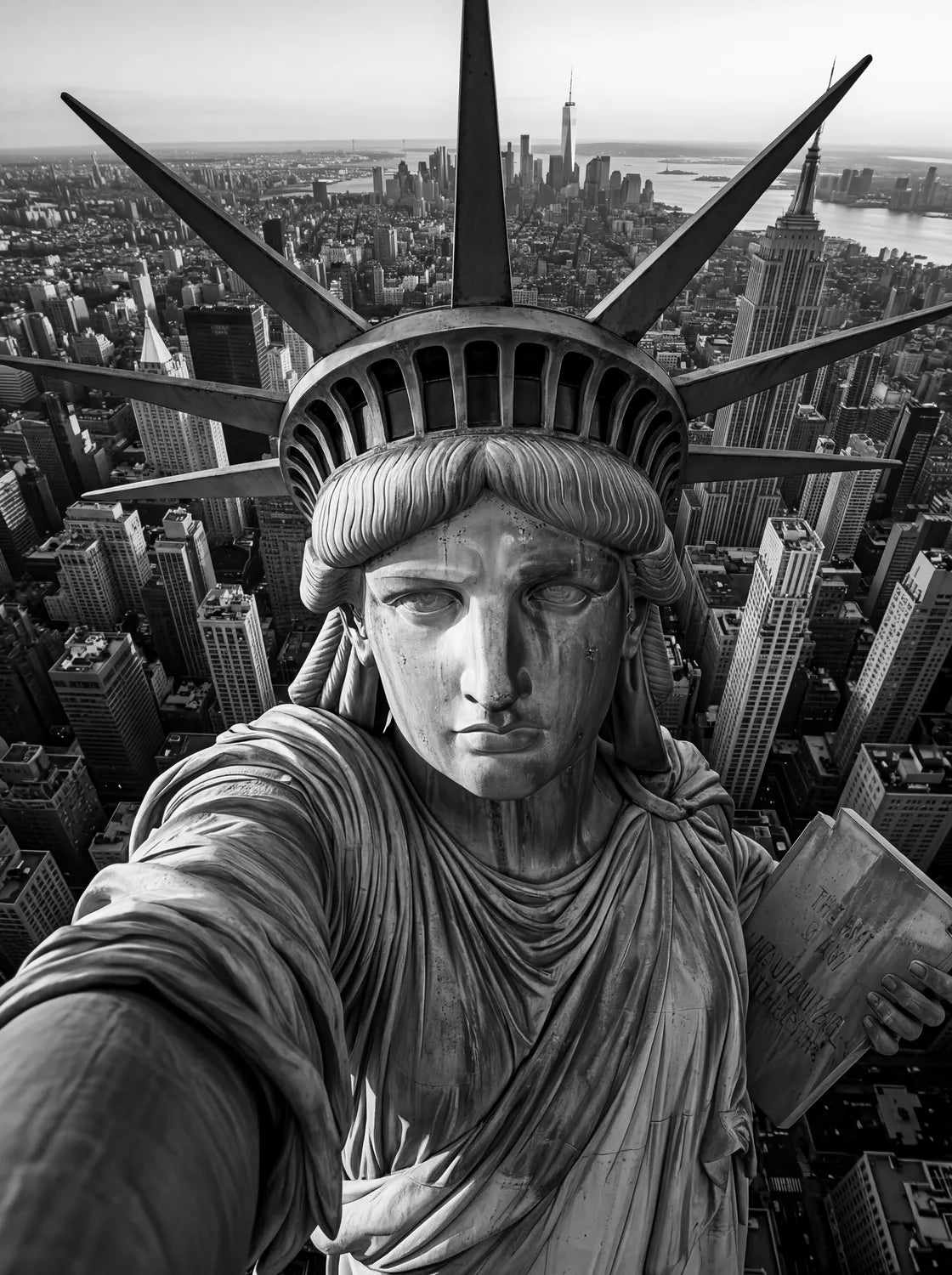 Tableau Selfie Statue de la Liberté NY N&B | en Métal Format A3
