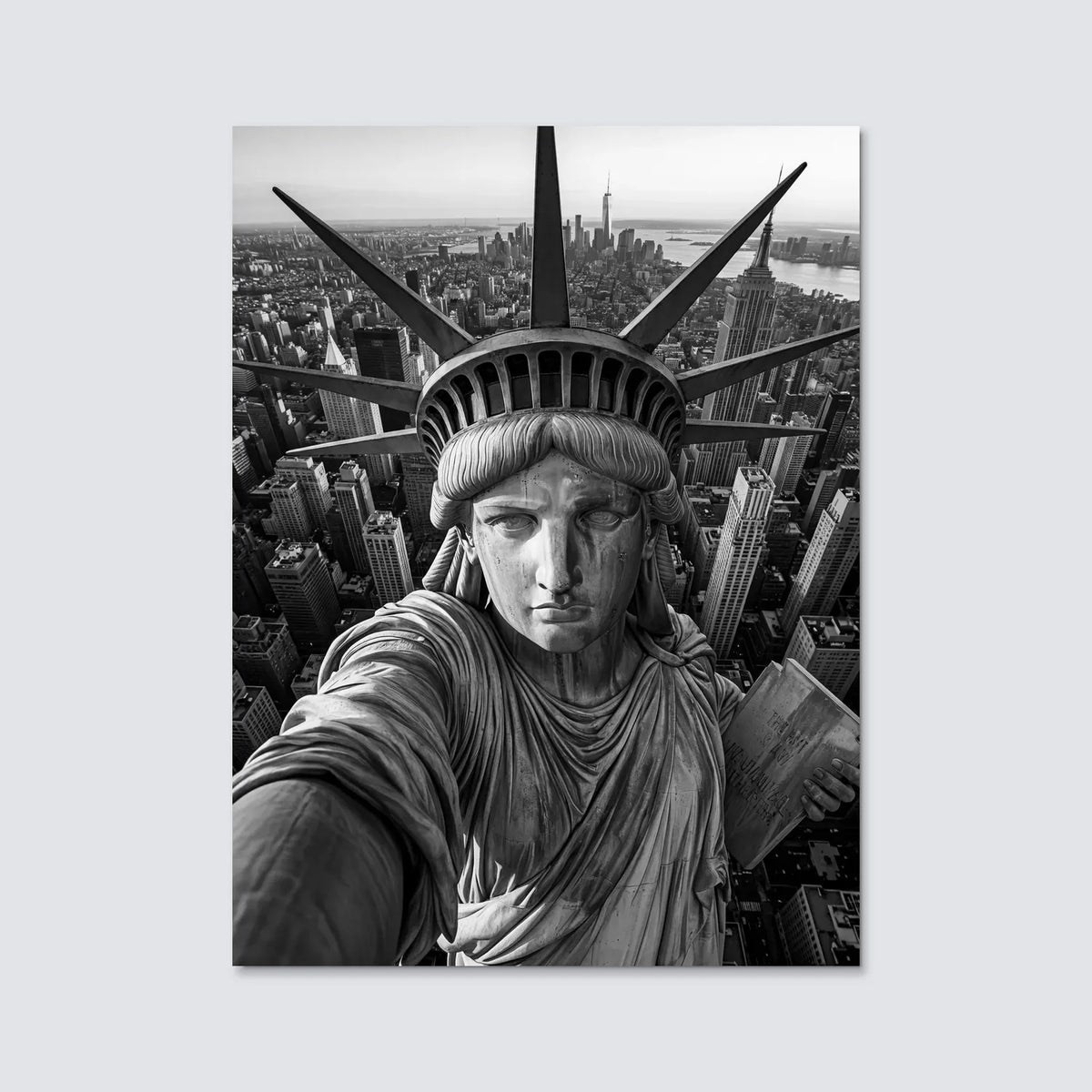Tableau Selfie Statue de la Liberté NY N&B | en Métal Format A3