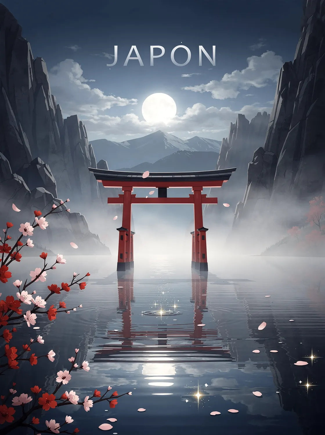 Tableau Pleine Lune au Japon - Illustration | en Métal Format A3