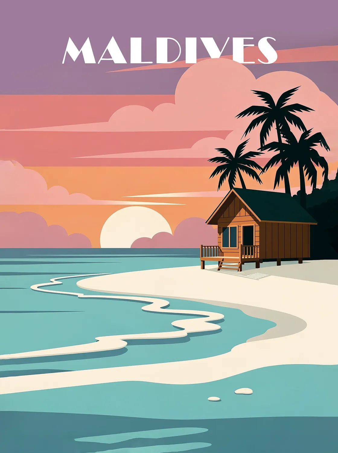 Tableau Coucher de Soleil aux Maldives - Illustration | en Métal Format A3