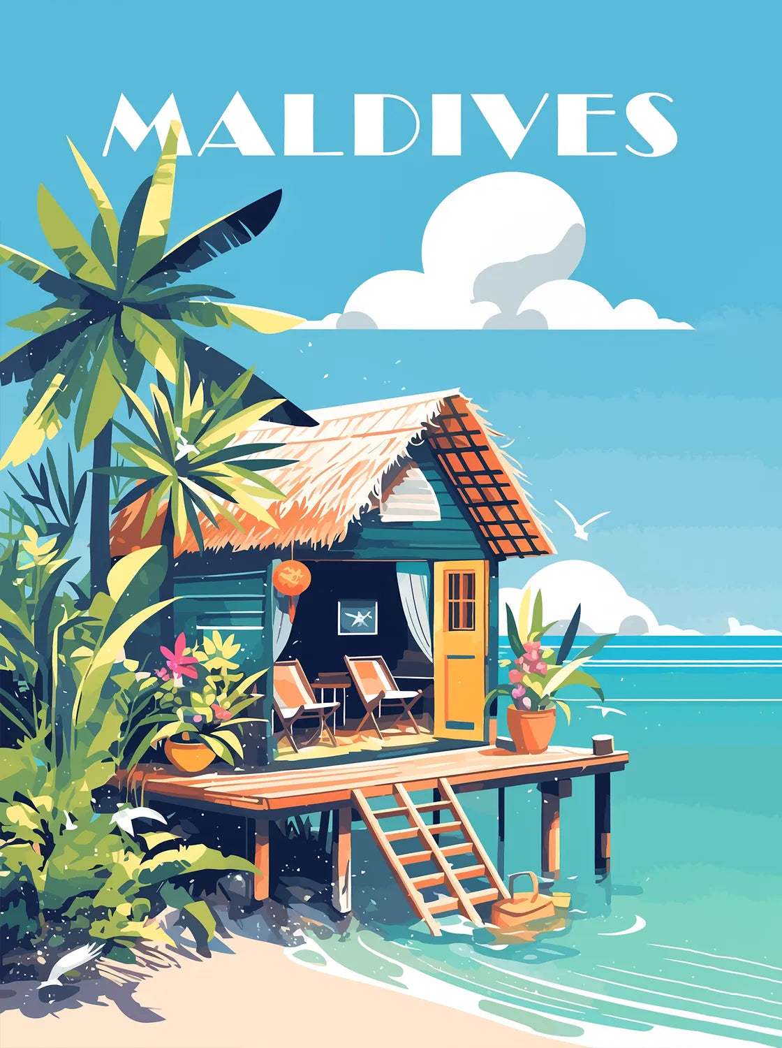 Tableau Vacances aux Maldives - Illustration | en Métal Format A3