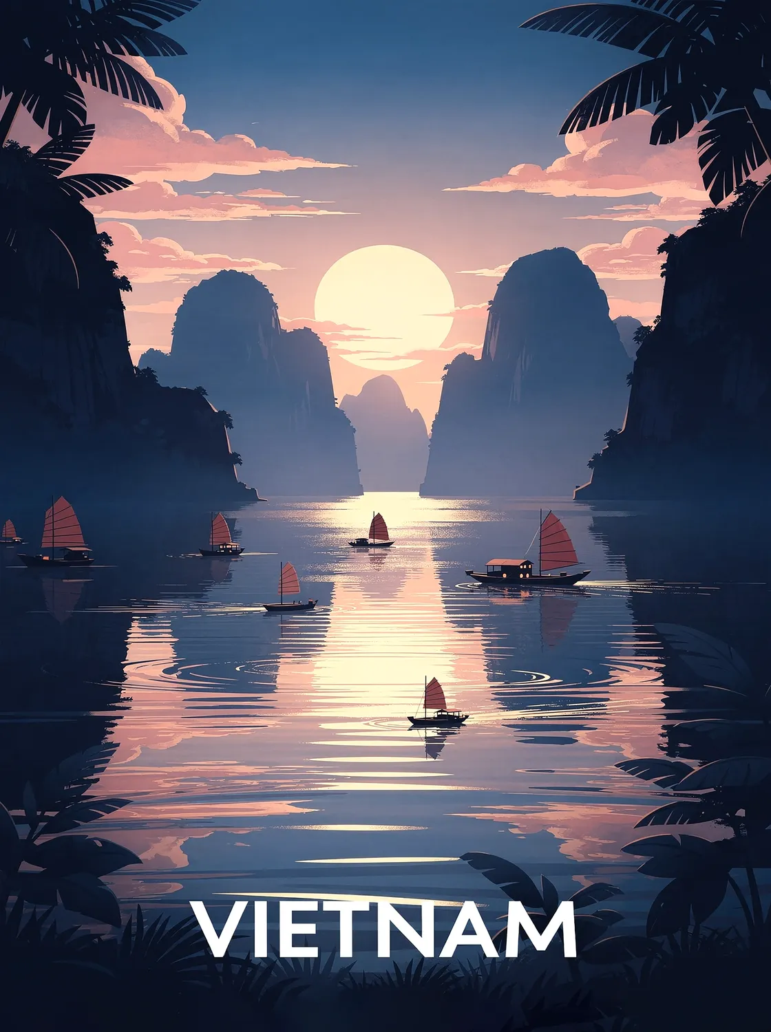 Tableau Coucher de Soleil au Vietnam - Illustration | en Métal Format A3