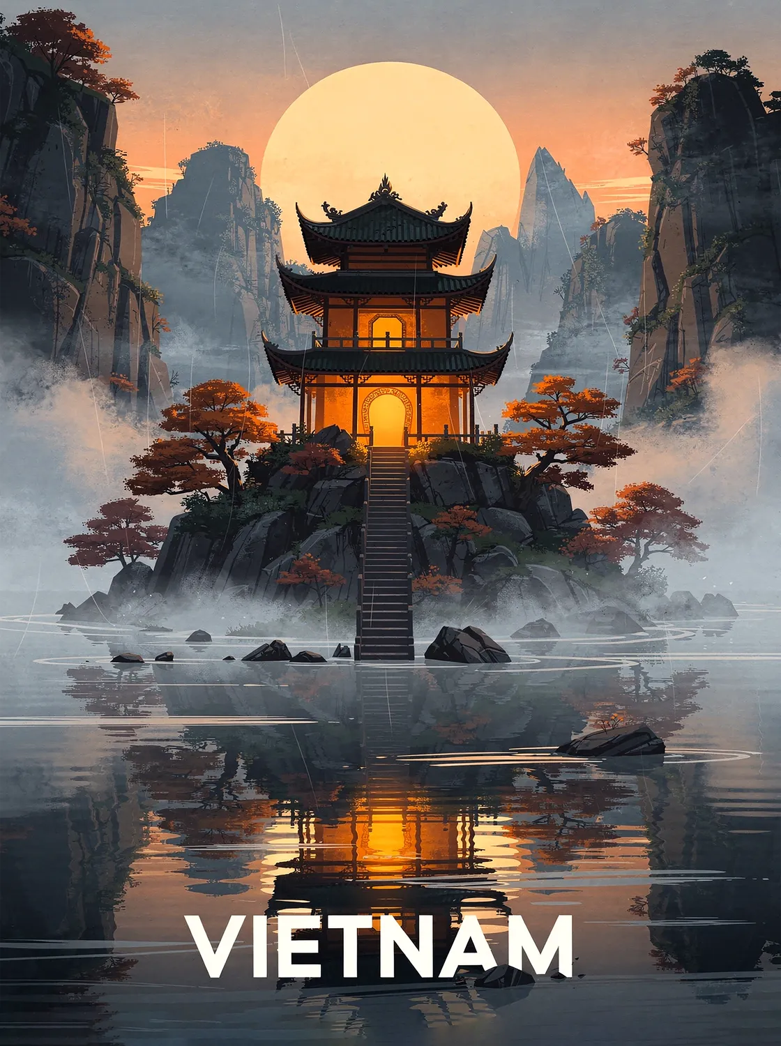 Tableau Temple au Vietnam - Illustration | en Métal Format A3