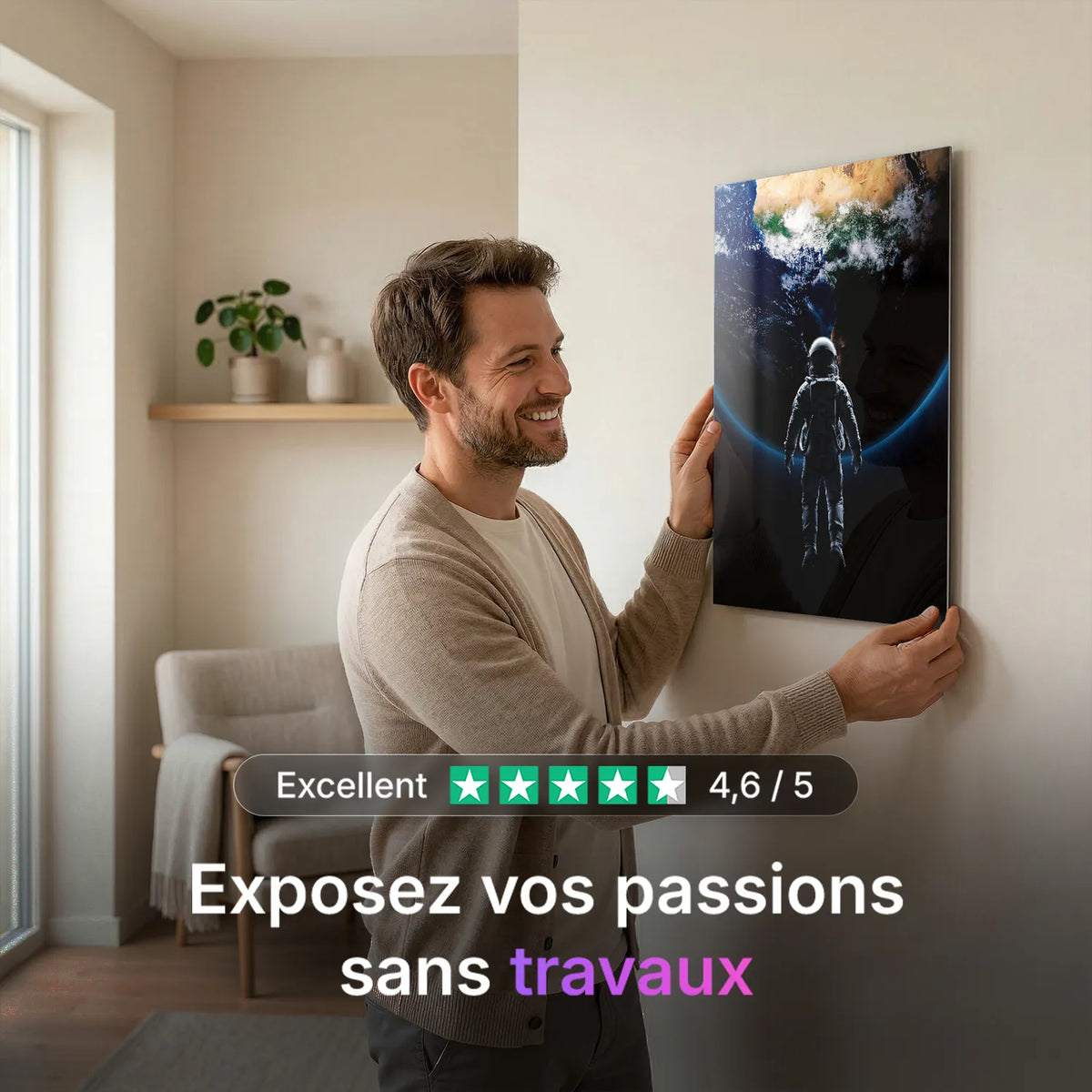 Tableau Astronaute face à La Terre | en Métal Format A3