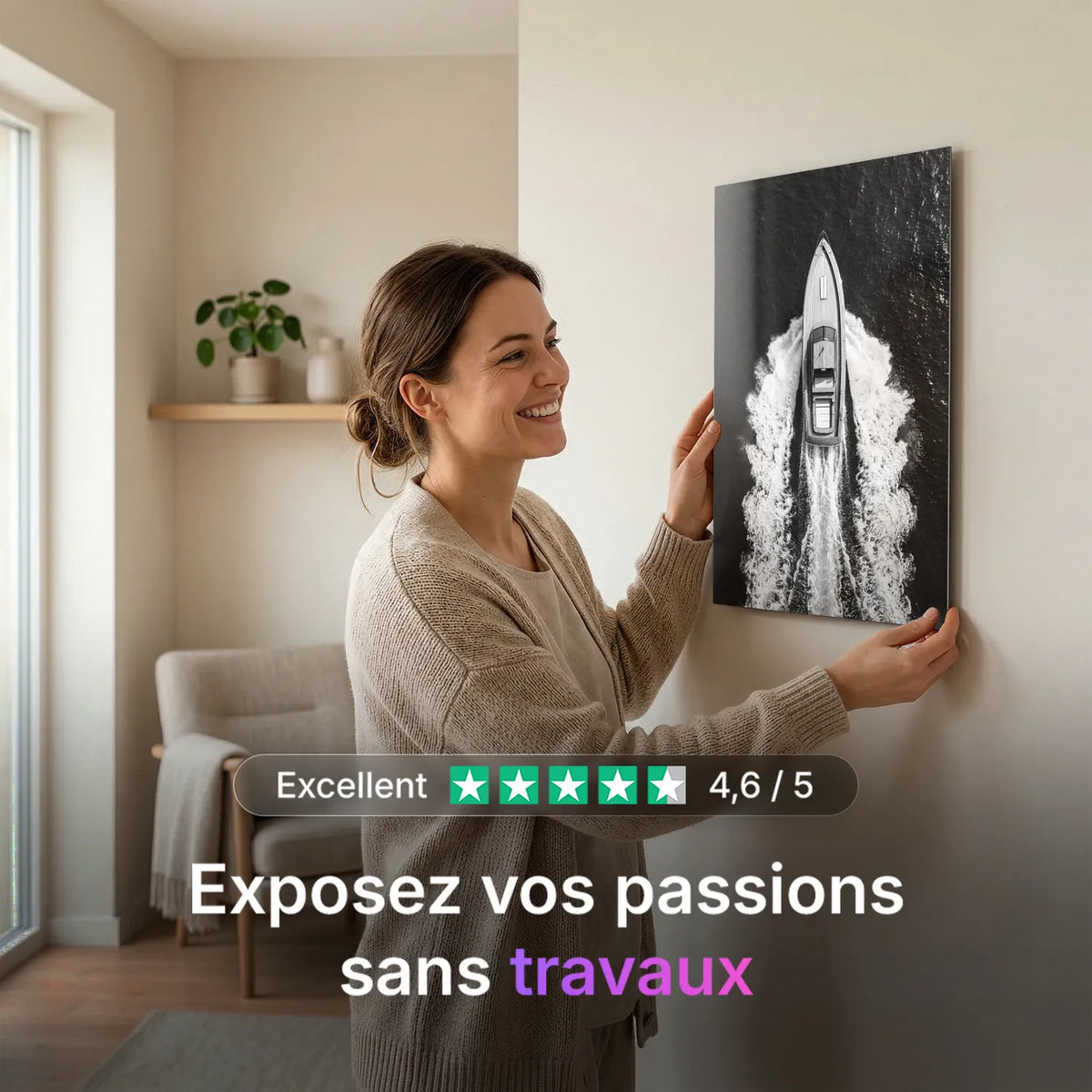 Tableau Balade en Bateau N&B | en Métal Format A3