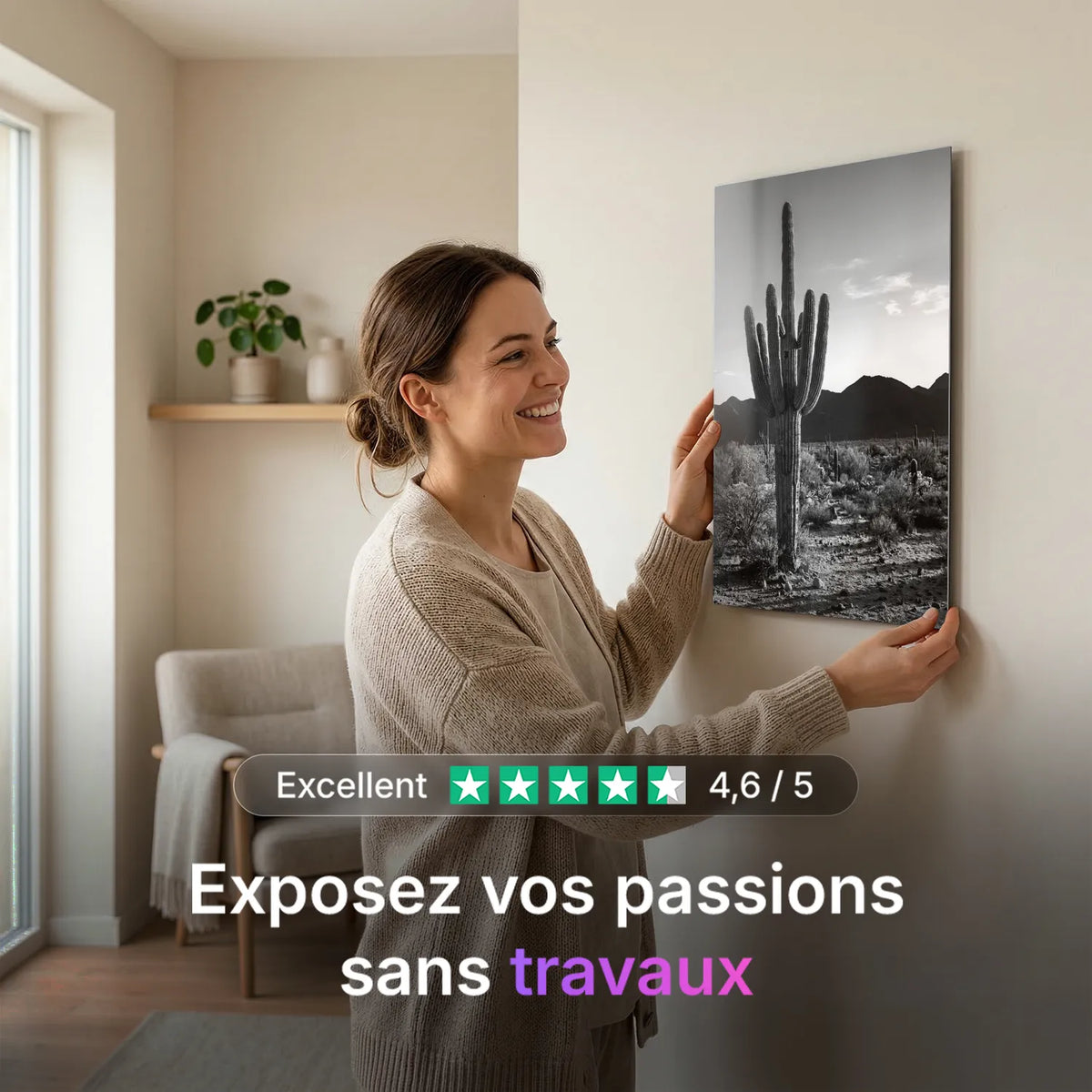 Tableau Cactus du désert N&B | en Métal Format A3