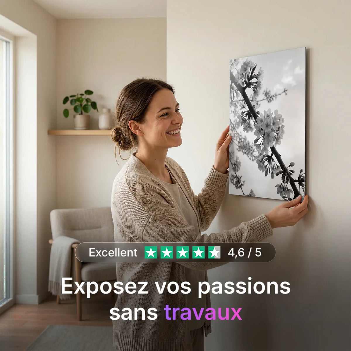 Tableau Branche de Cerisier Japonais N&B | en Métal Format A3