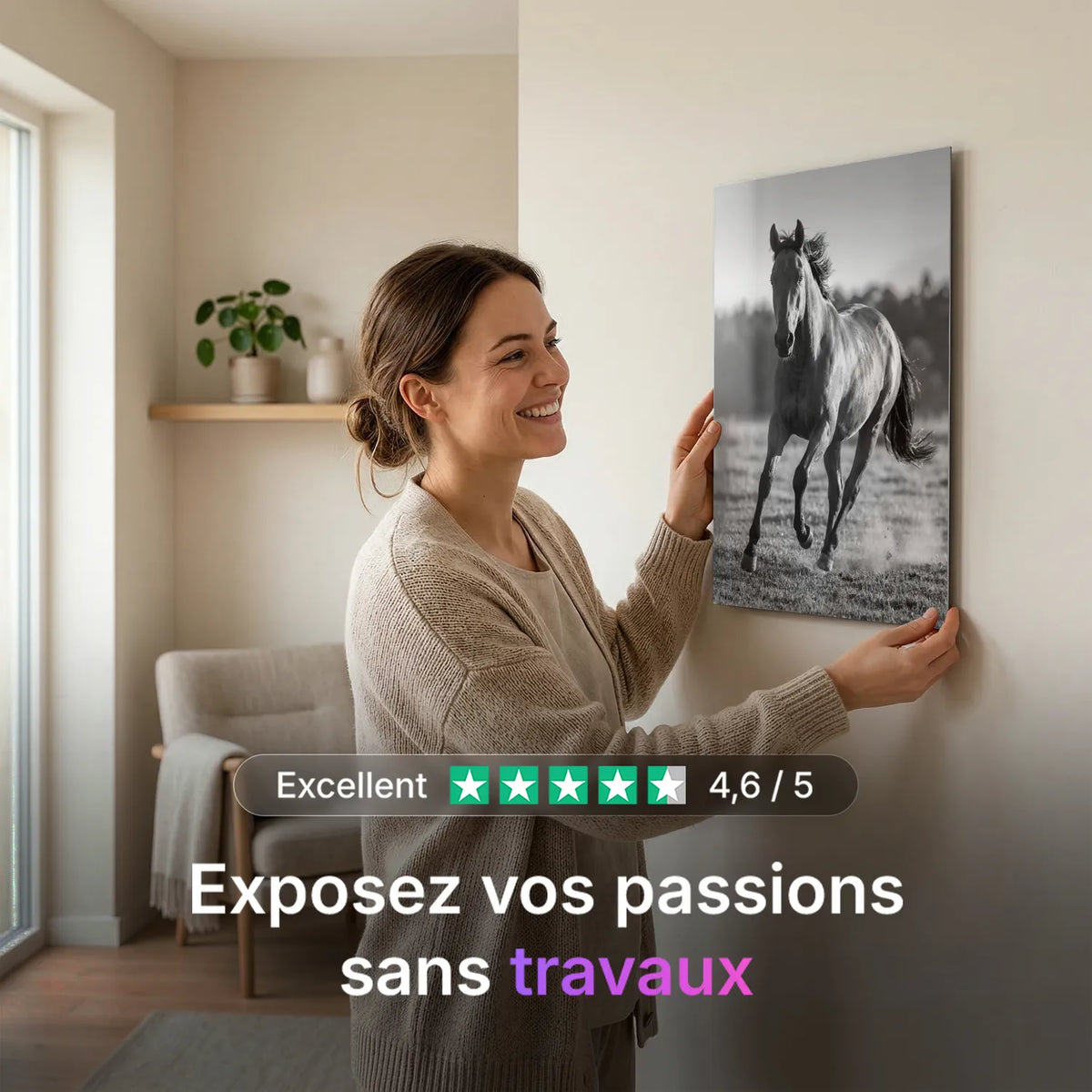 Tableau Cheval au Galop N&B | en Métal Format A3