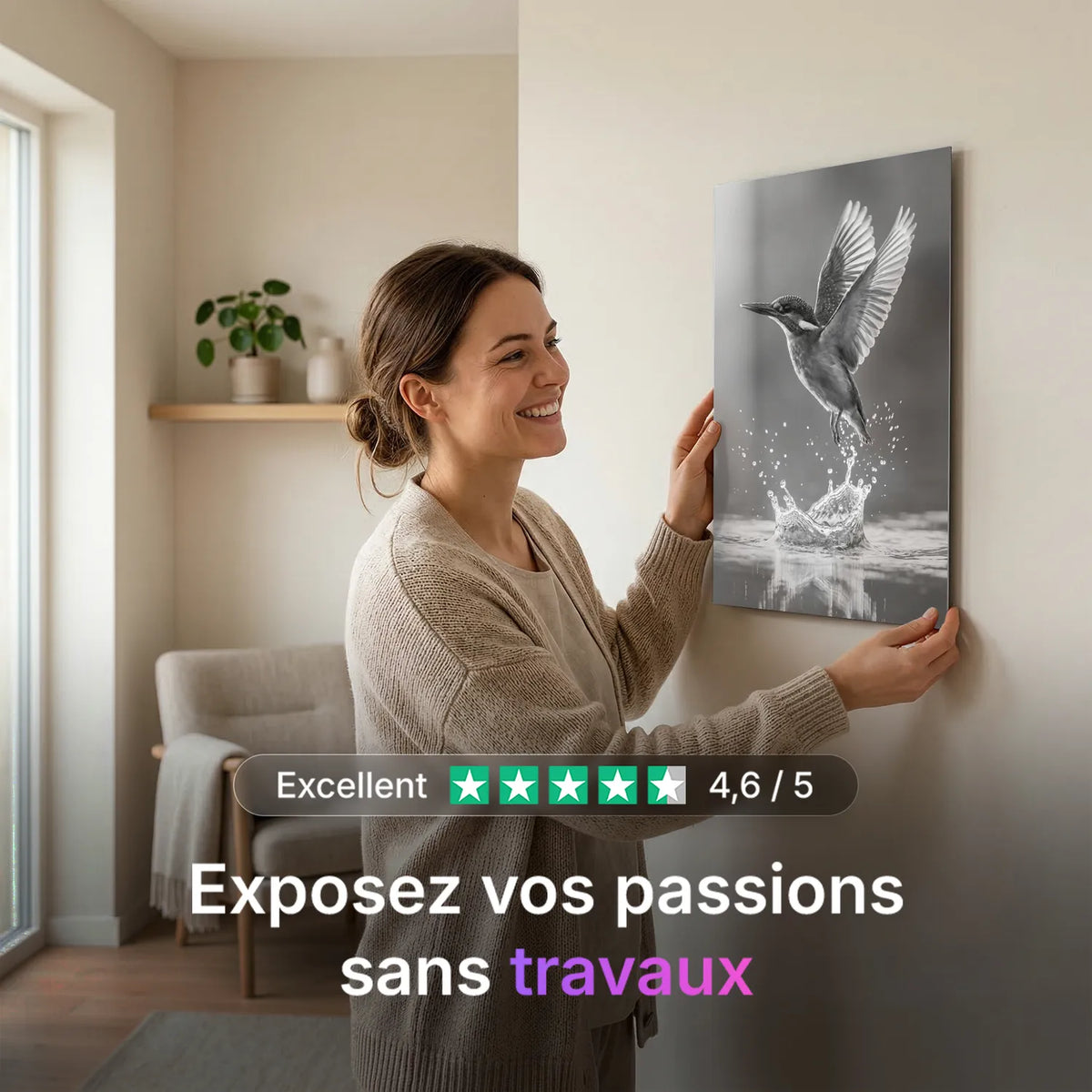 Tableau Colibri en Vol N&B | en Métal Format A3