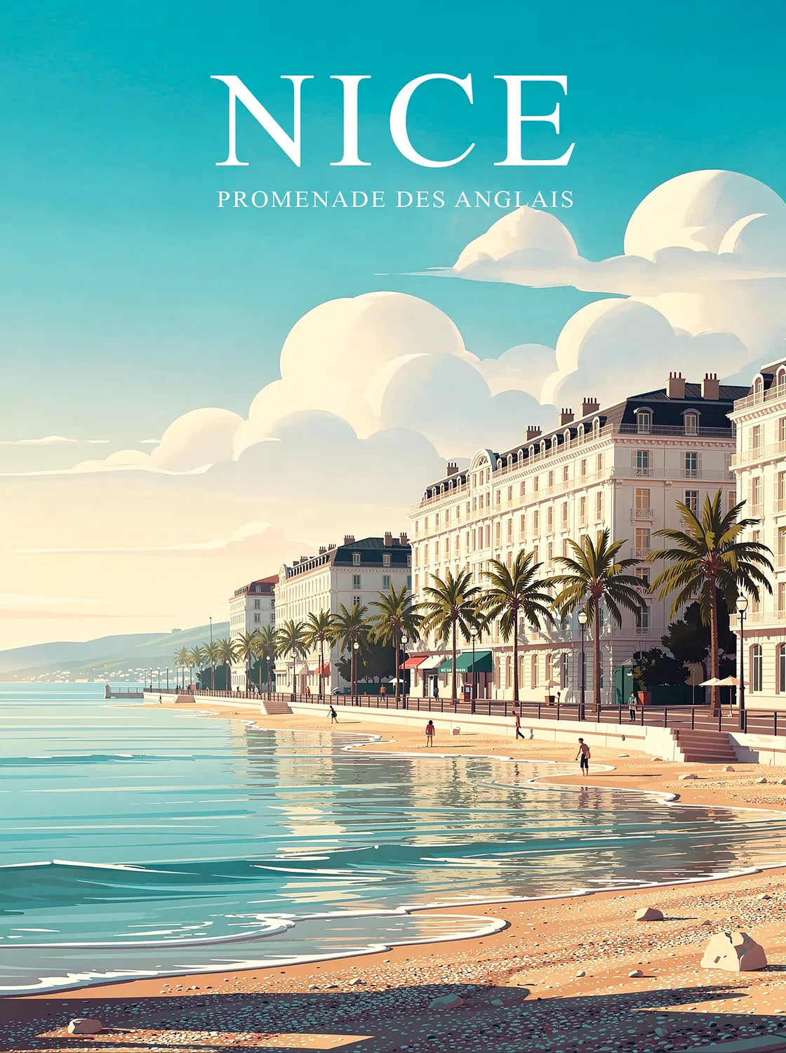 Tableau La Promenade des Anglais à Nice - Illustration | en Métal Format A3
