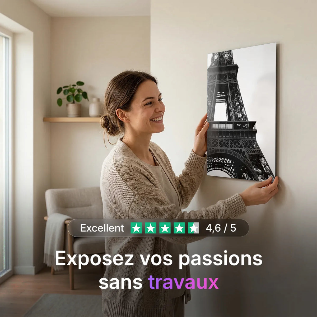 Tableau Tour Eiffel Focus N&B | en Métal Format A3