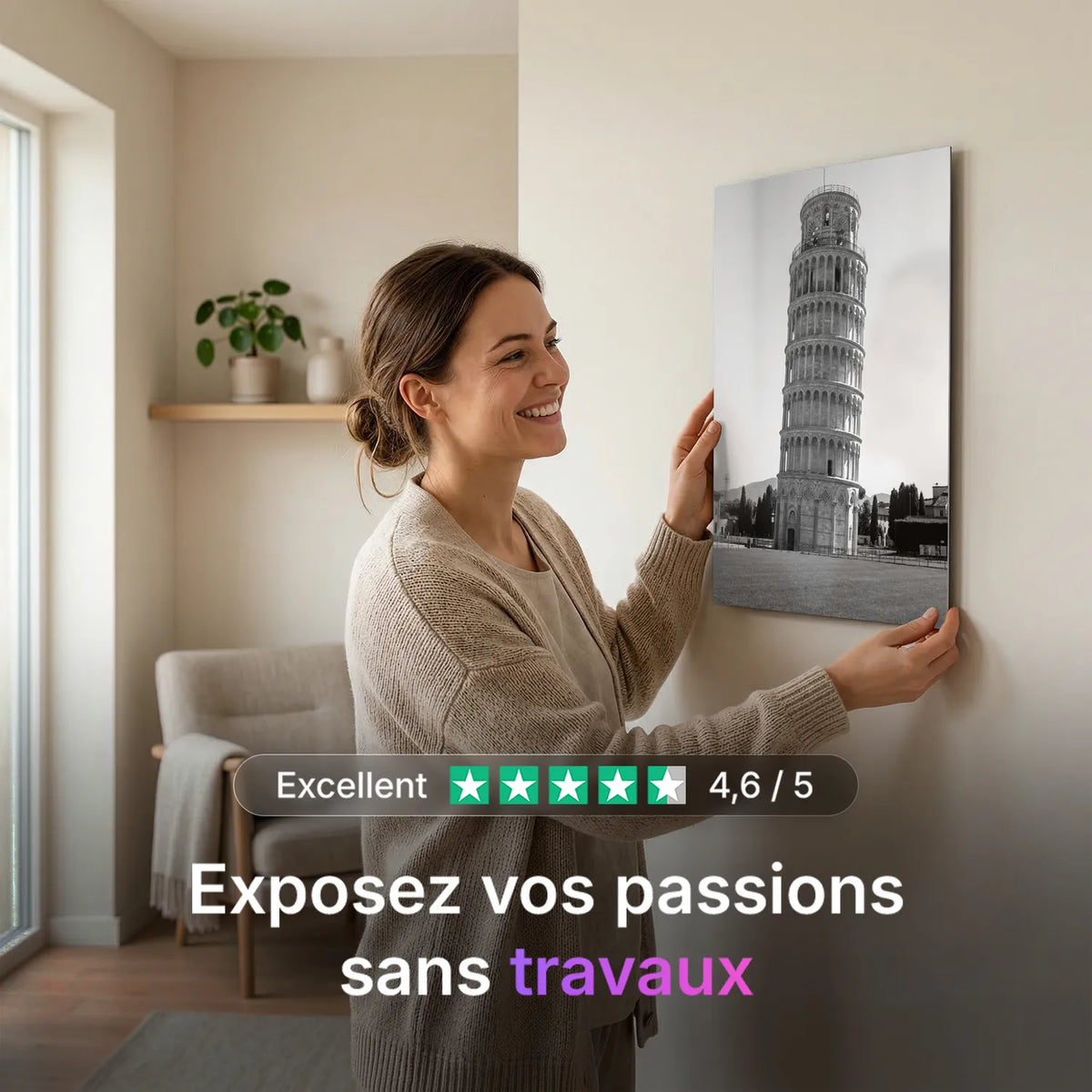Tableau La Tour de Pise N&B | en Métal Format A3