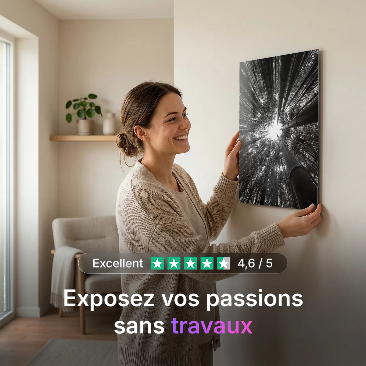 Tableau Forêt de Bambous en contre-plongée N&B | en Métal Format A3