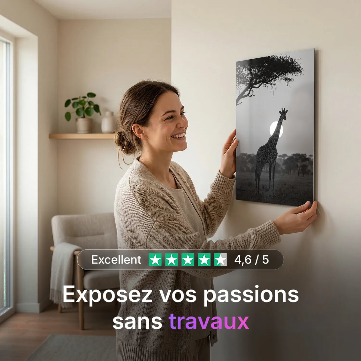 Tableau Girafe au Soleil Couchant N&B | en Métal Format A3