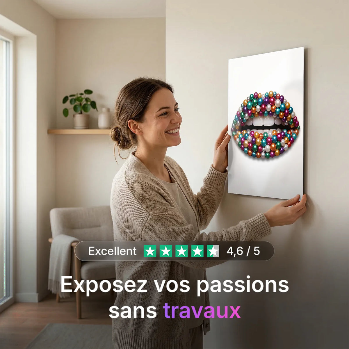 Tableau Lèvres diamants — Blanc | en Métal Format A3