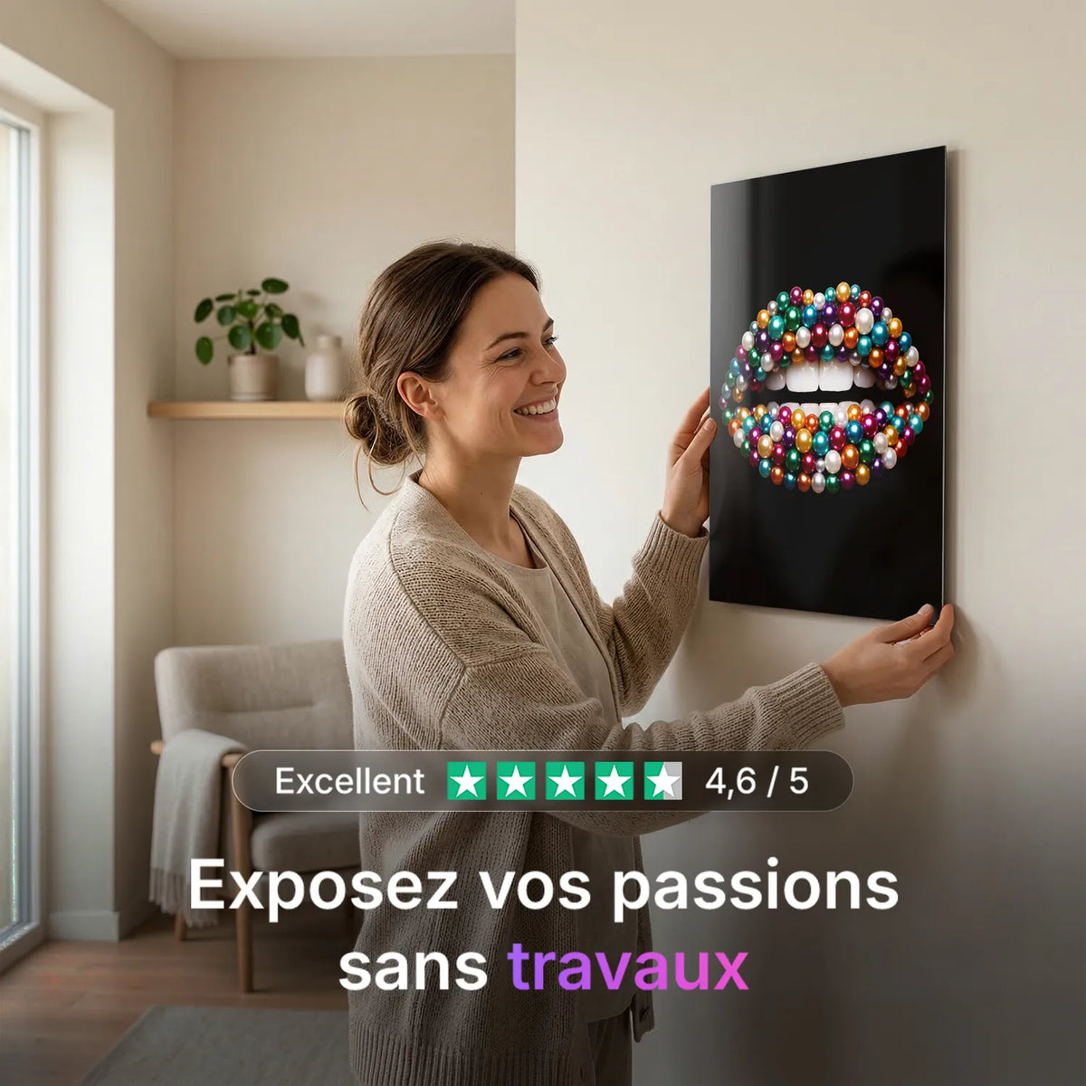 Tableau Lèvres diamants — Noir | en Métal Format A3