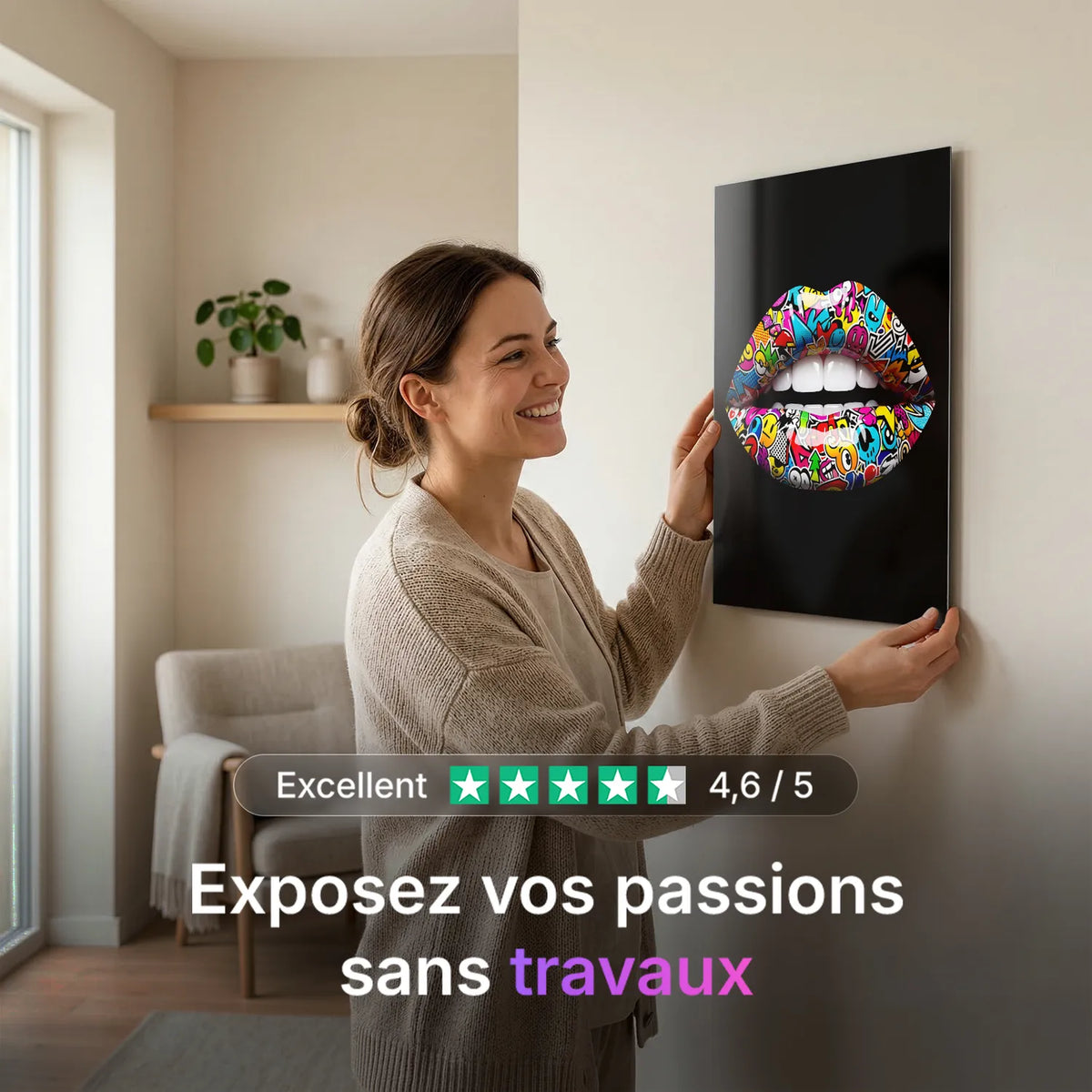 Tableau Lèvres Pop-art — Noir | en Métal Format A3