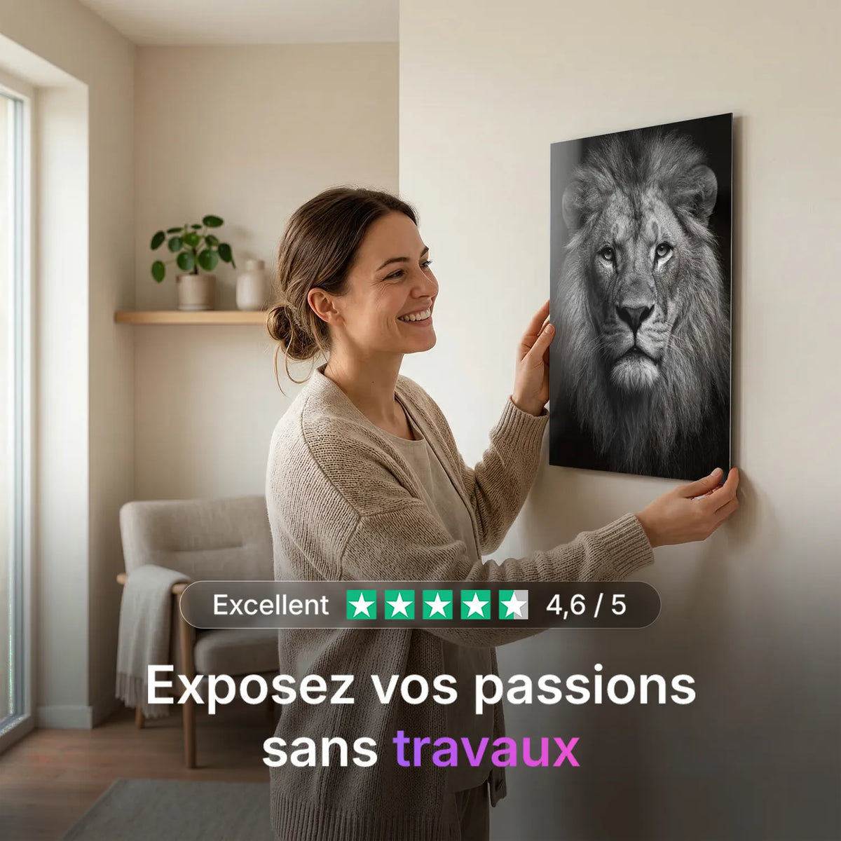 Tableau Portrait de Lion N&B | en Métal Format A3