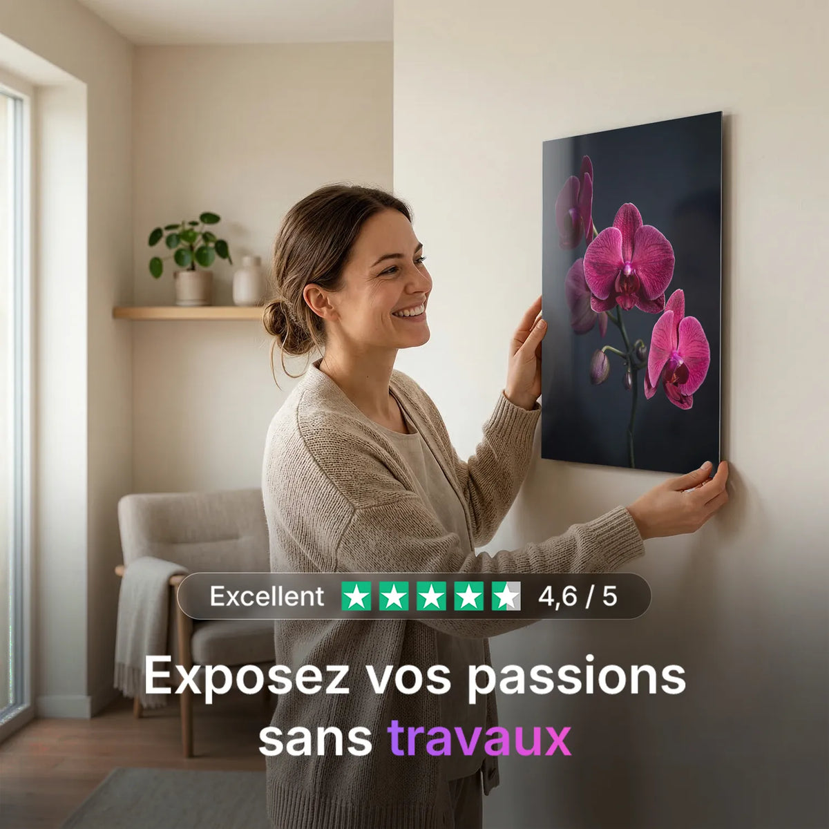 Tableau Orchidée Papillon rose | en Métal Format A3