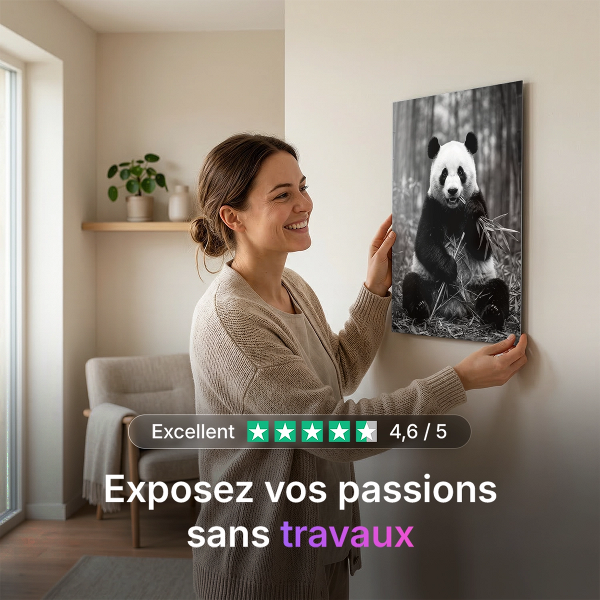 Tableau Panda Sauvage N&B | en Métal Format A3