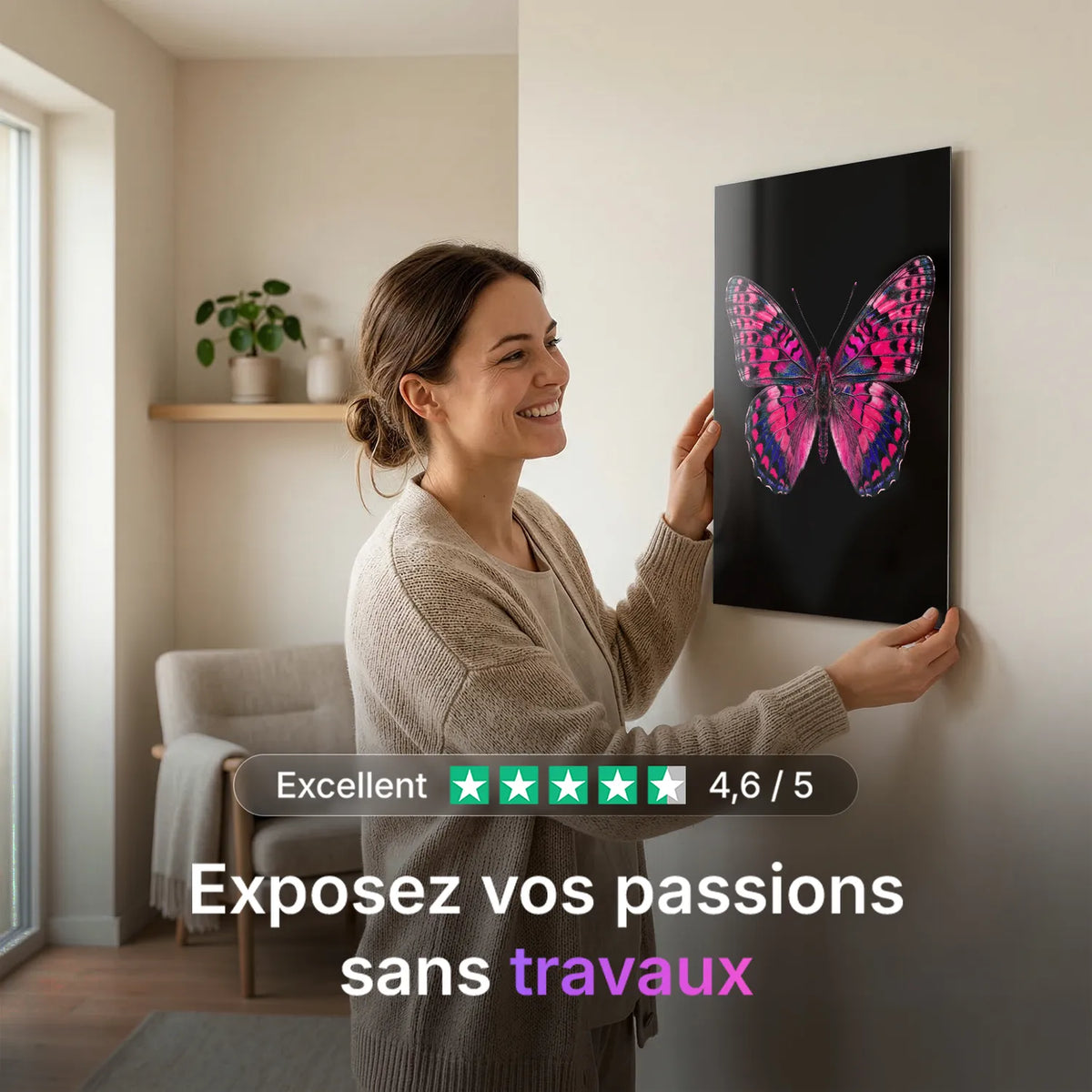 Tableau Papillon Fuchsia | en Métal Format A3