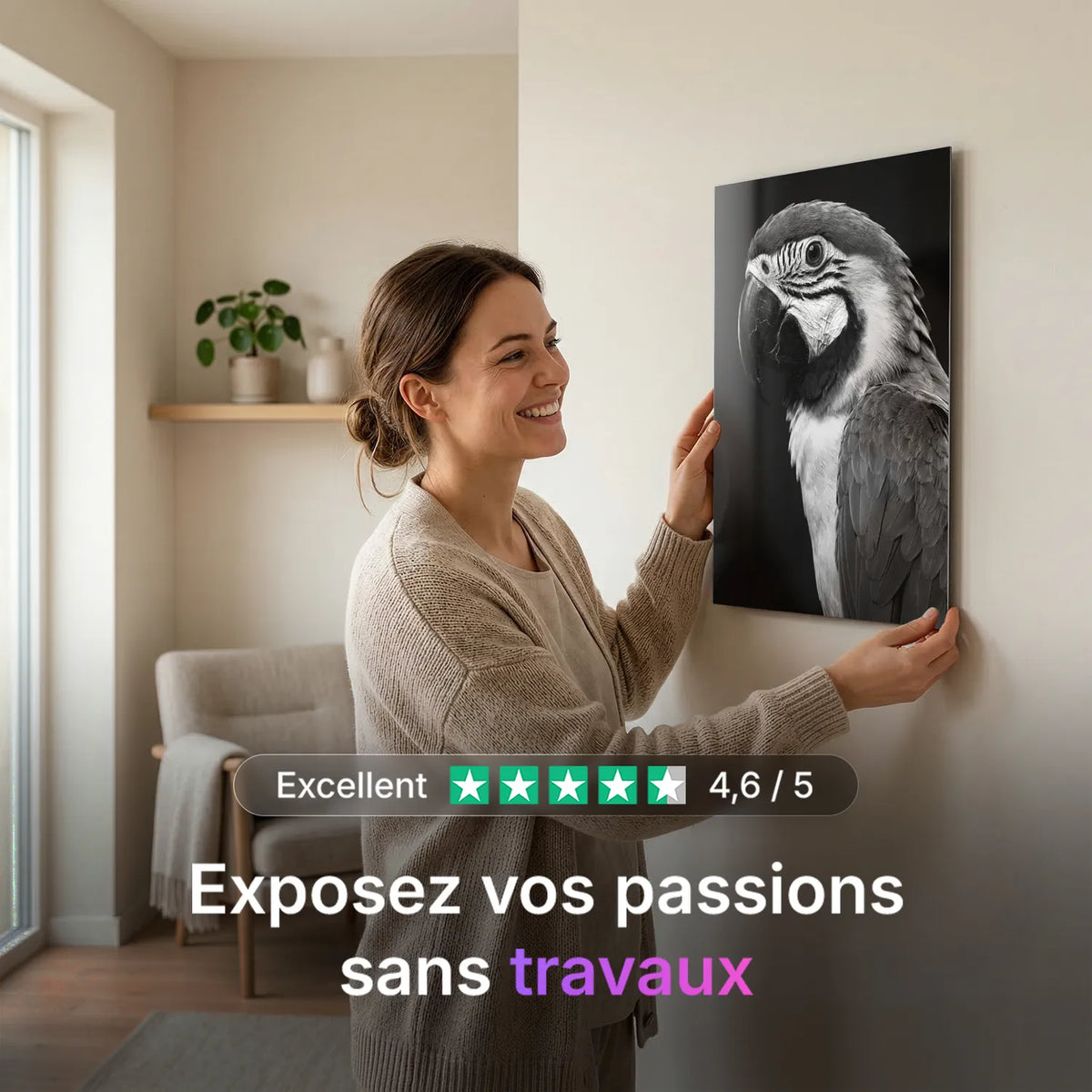 Tableau Portrait de Perroquet N&B | en Métal Format A3
