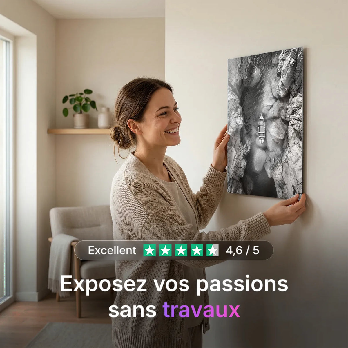 Tableau Pirogue en eaux claires N&B | en Métal Format A3