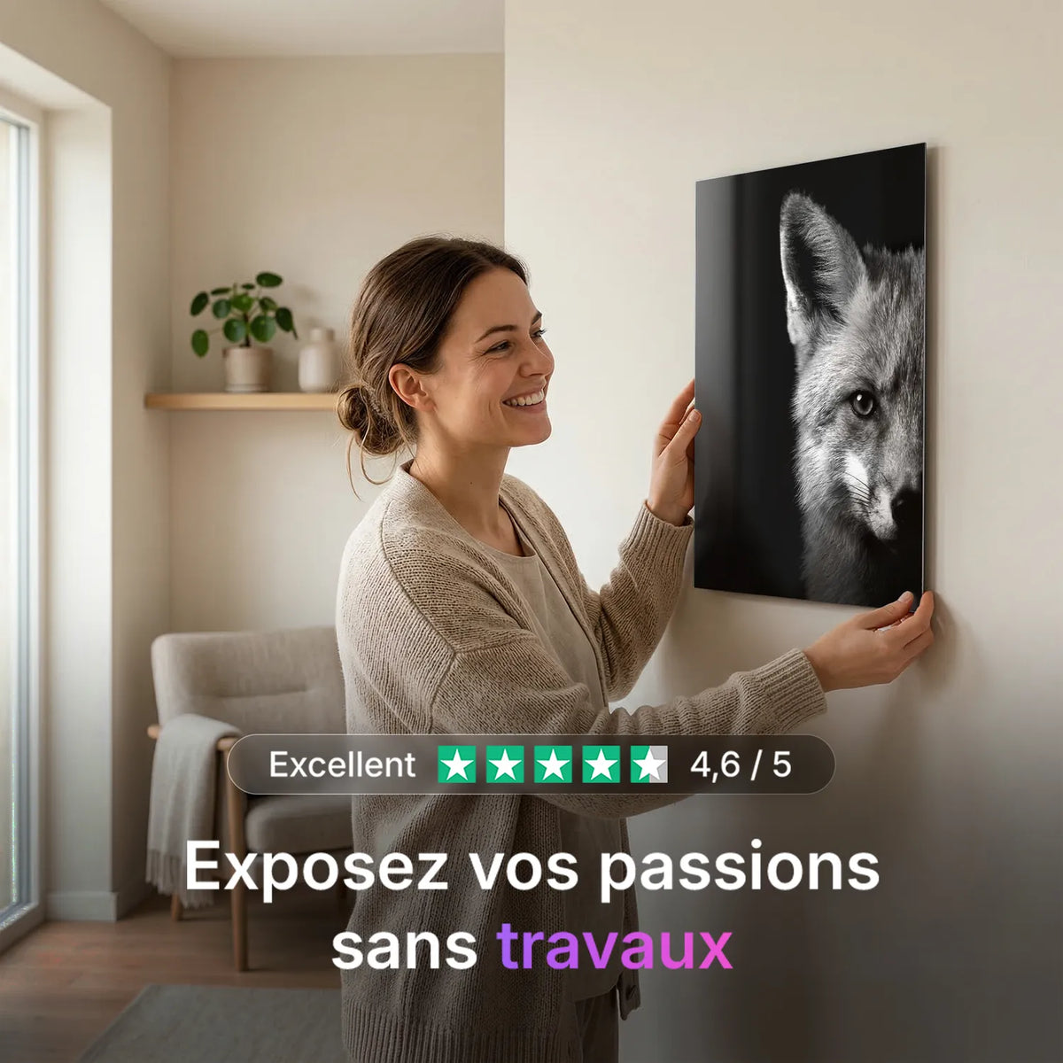 Tableau Portrait de Renard N&B | en Métal Format A3