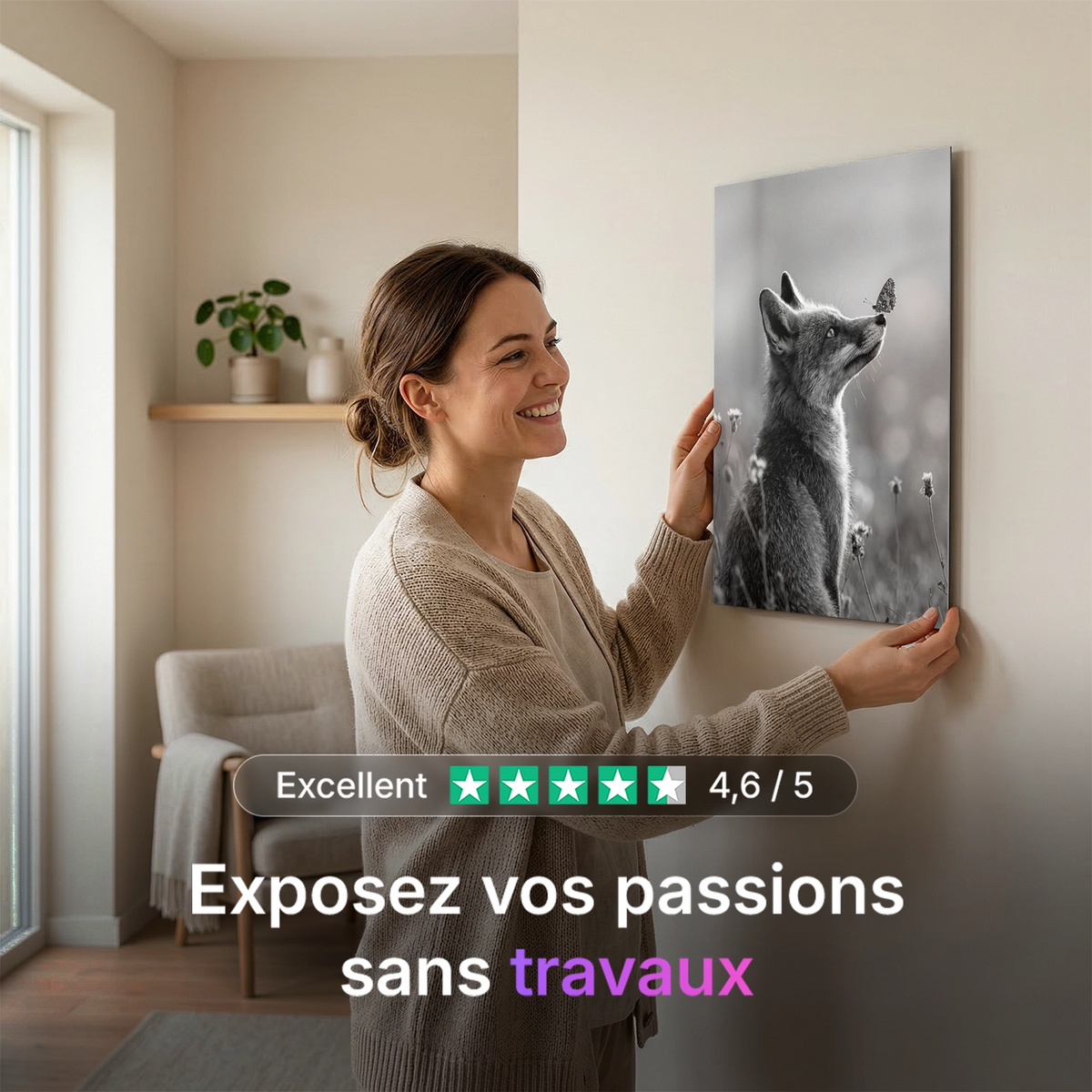 Tableau Renard et Papillon N&B | en Métal Format A3