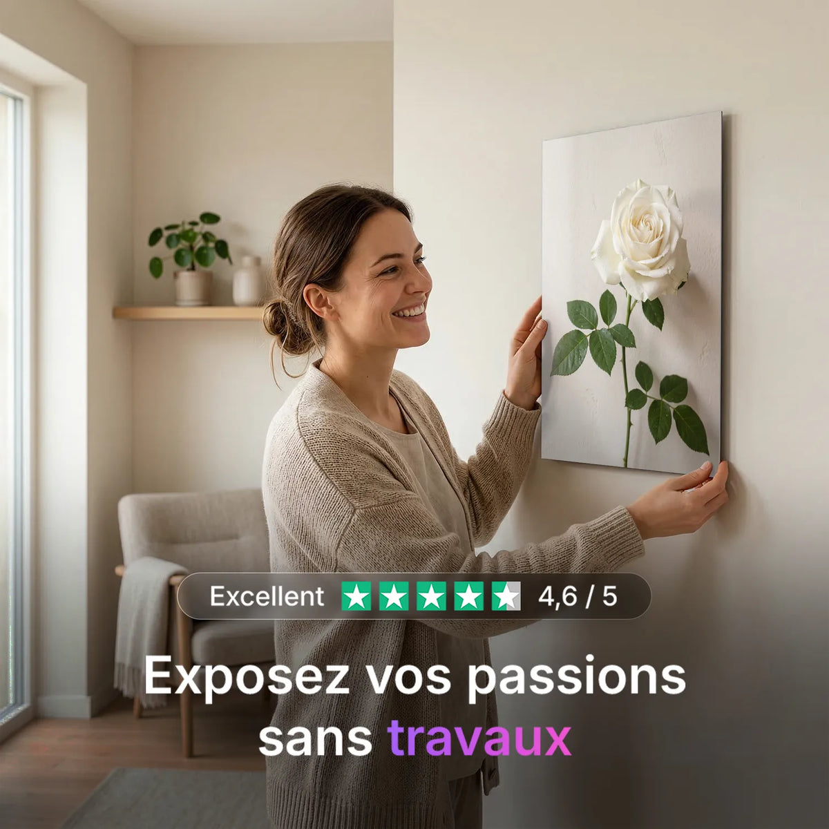 Tableau Rose Blanche fond blanc | en Métal Format A3