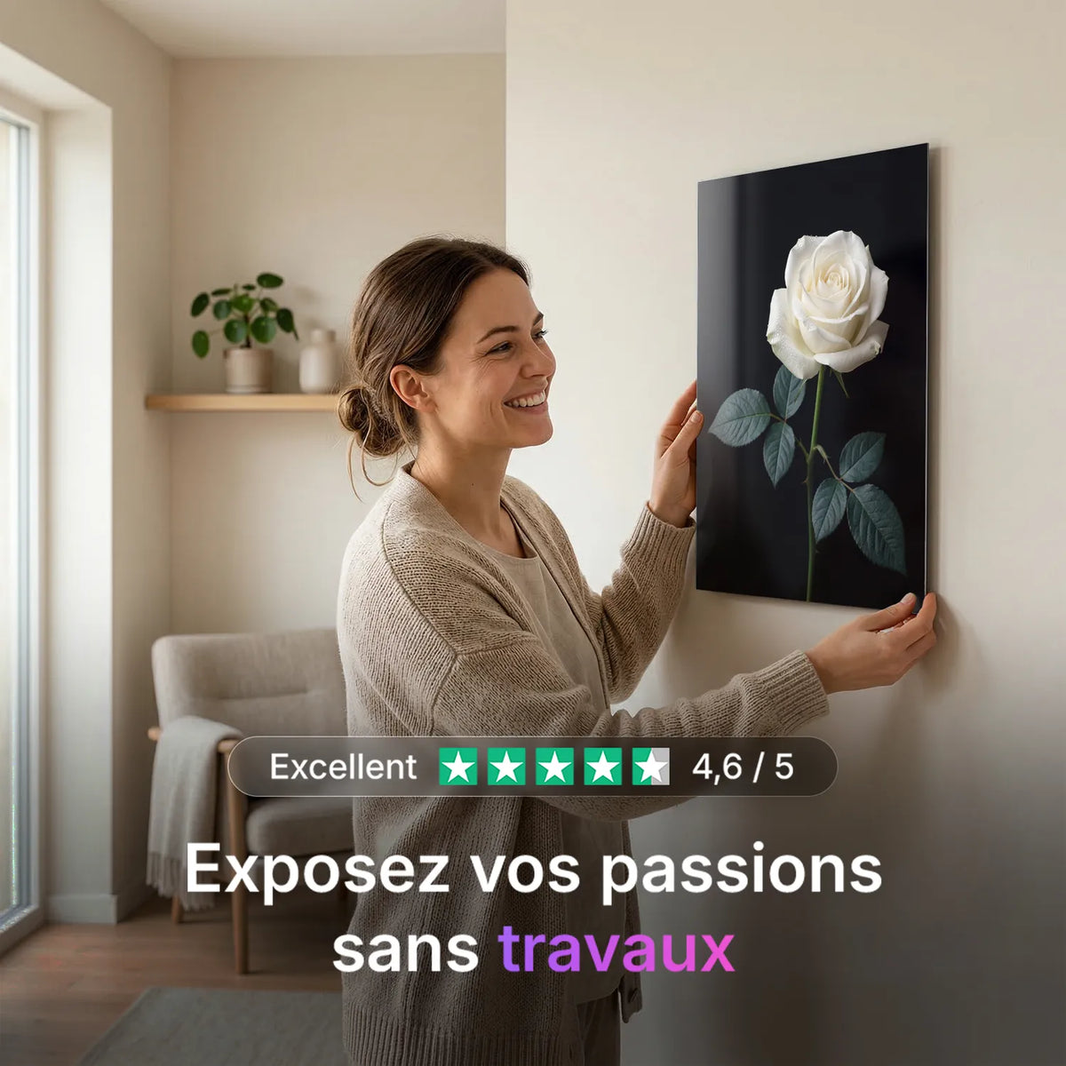 Tableau Rose Blanche fond noir | en Métal Format A3