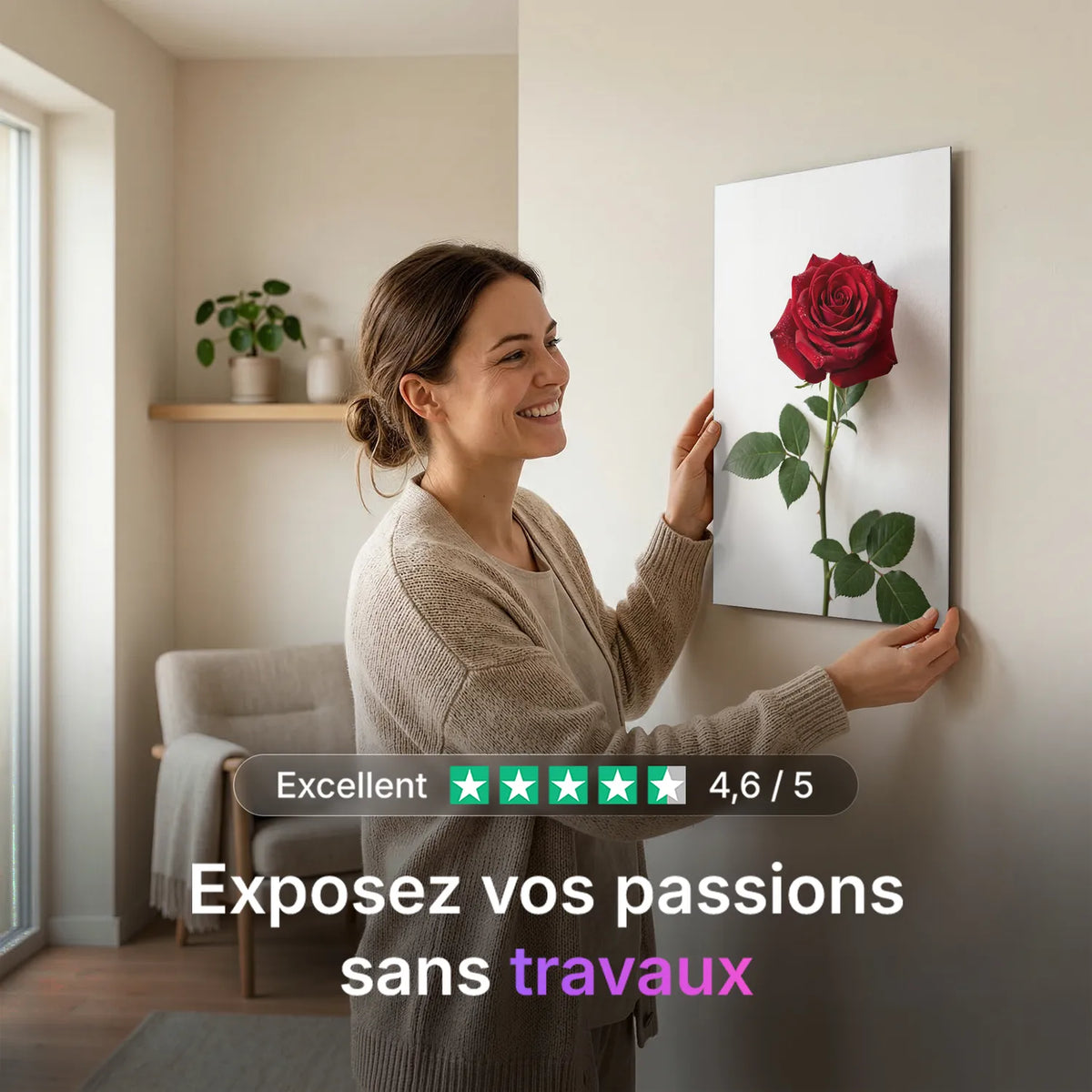 Tableau Rose Rouge fond blanc | en Métal Format A3