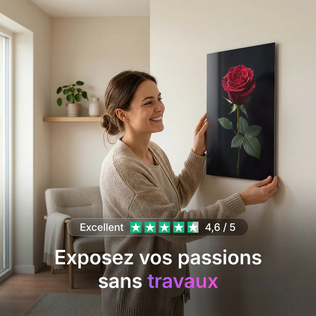 Tableau Rose Rouge fond noir | en Métal Format A3