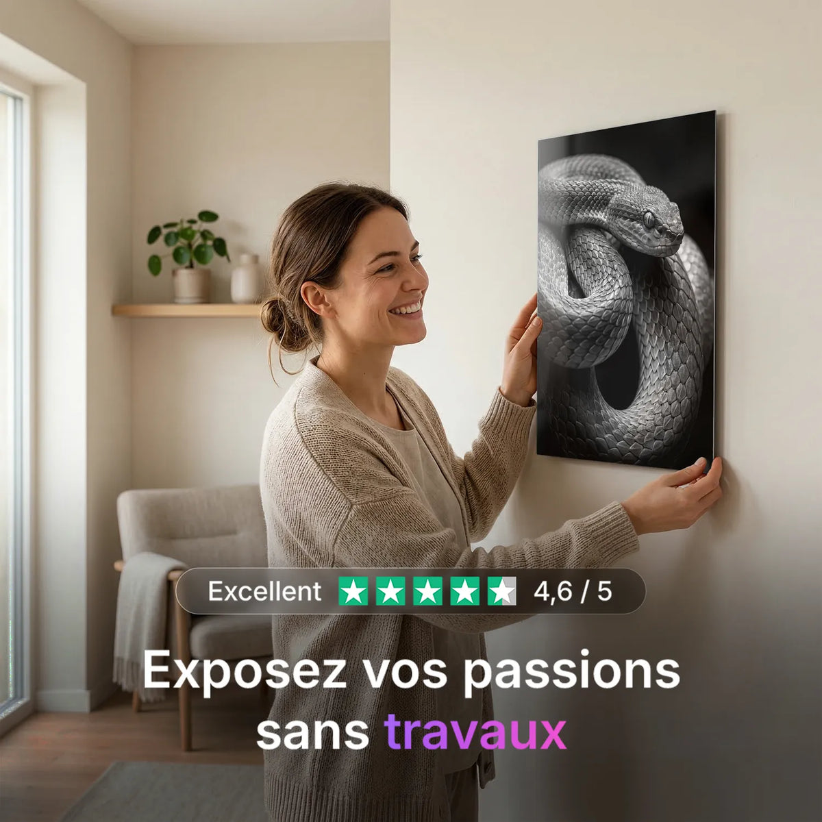 Tableau Serpent Royal N&B | en Métal Format A3