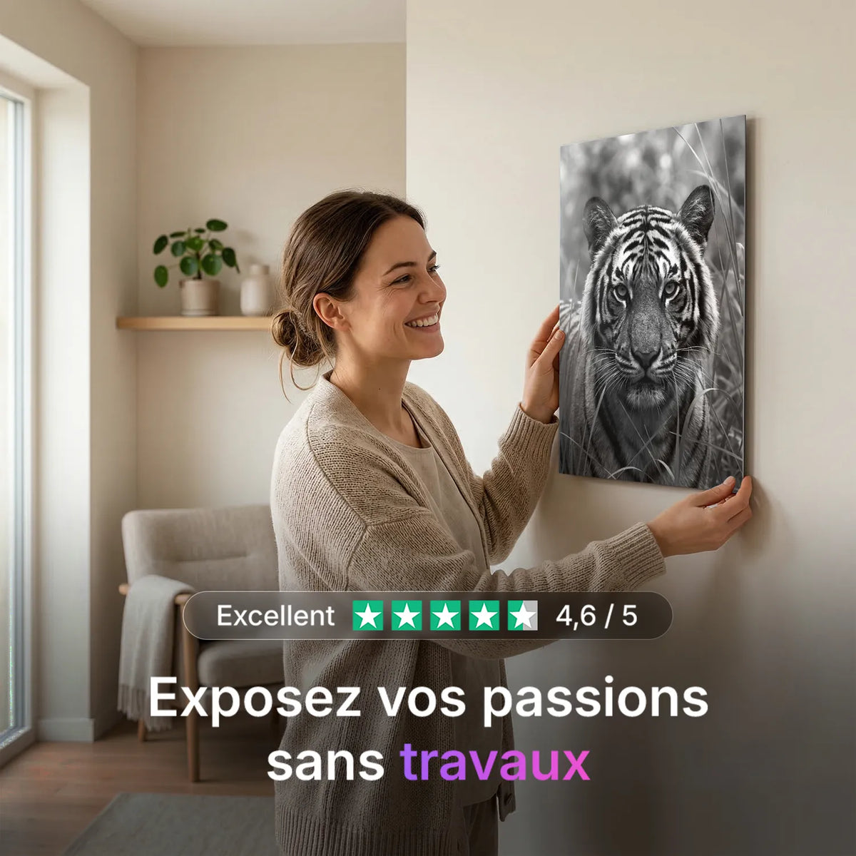 Tableau Tigre Sauvage N&B | en Métal Format A3