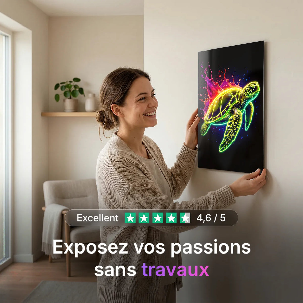 Tableau Tortue Néon | en Métal Format A3
