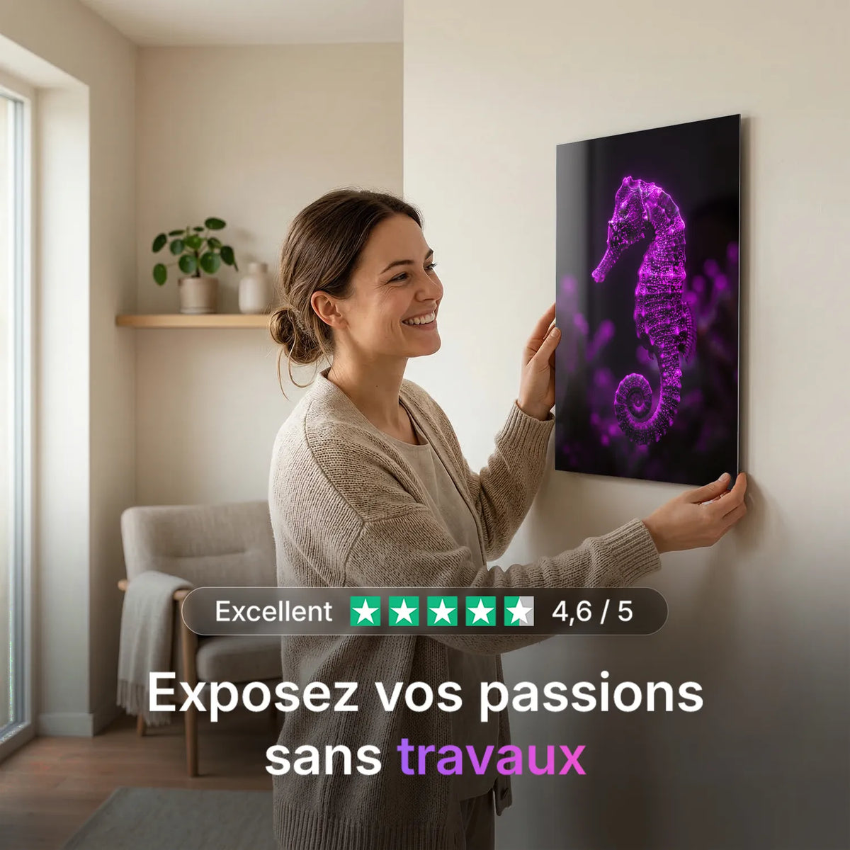 Tableau Hippocampe Violet | en Métal Format A3